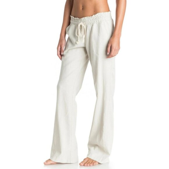 Roxy Brand Women's large Oceanside Beach Pants Khaki Linen Drawstring Pant - Picture 1 of 6